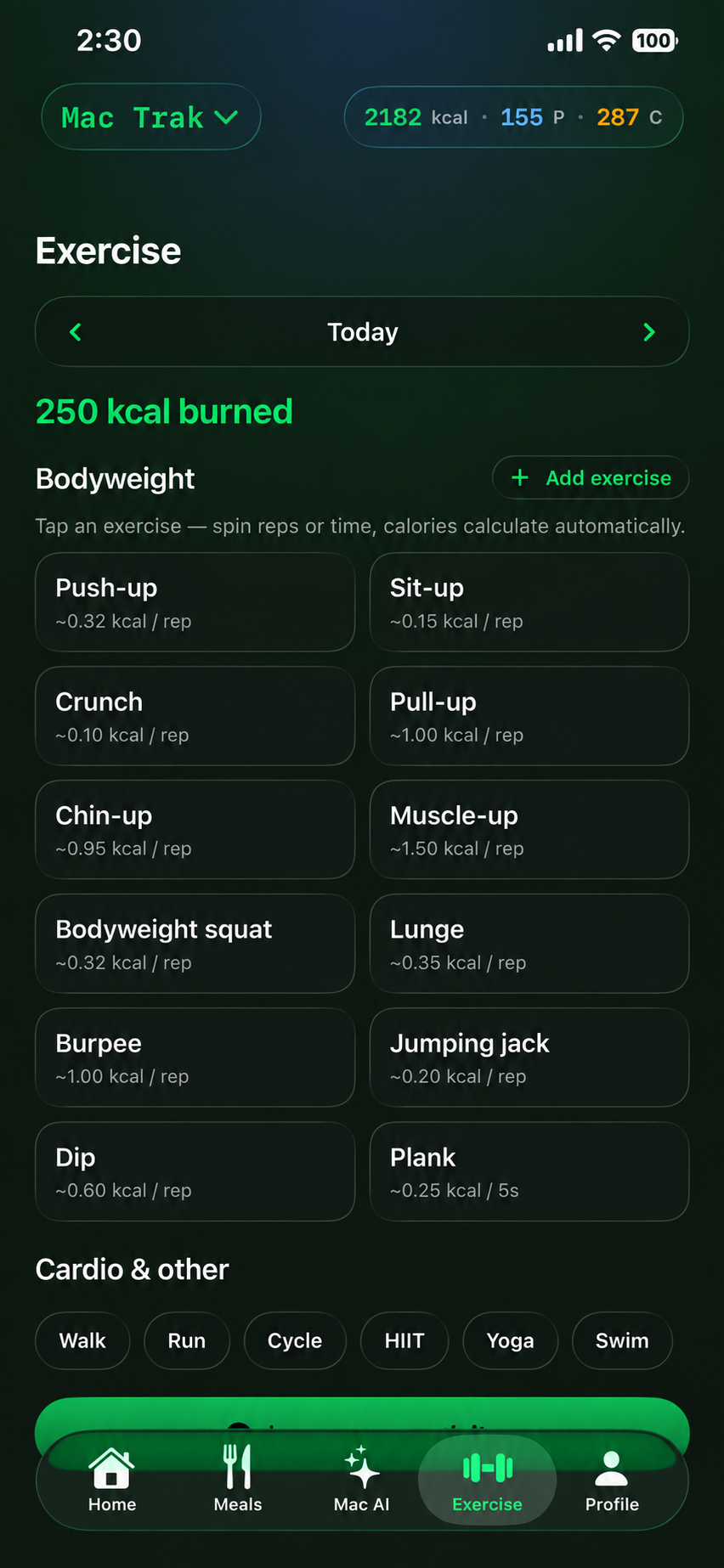 Mac Trak exercise screen