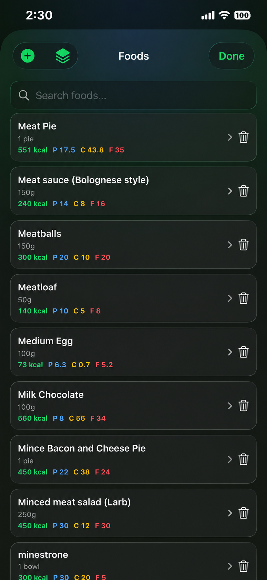 Mac Trak foods screen