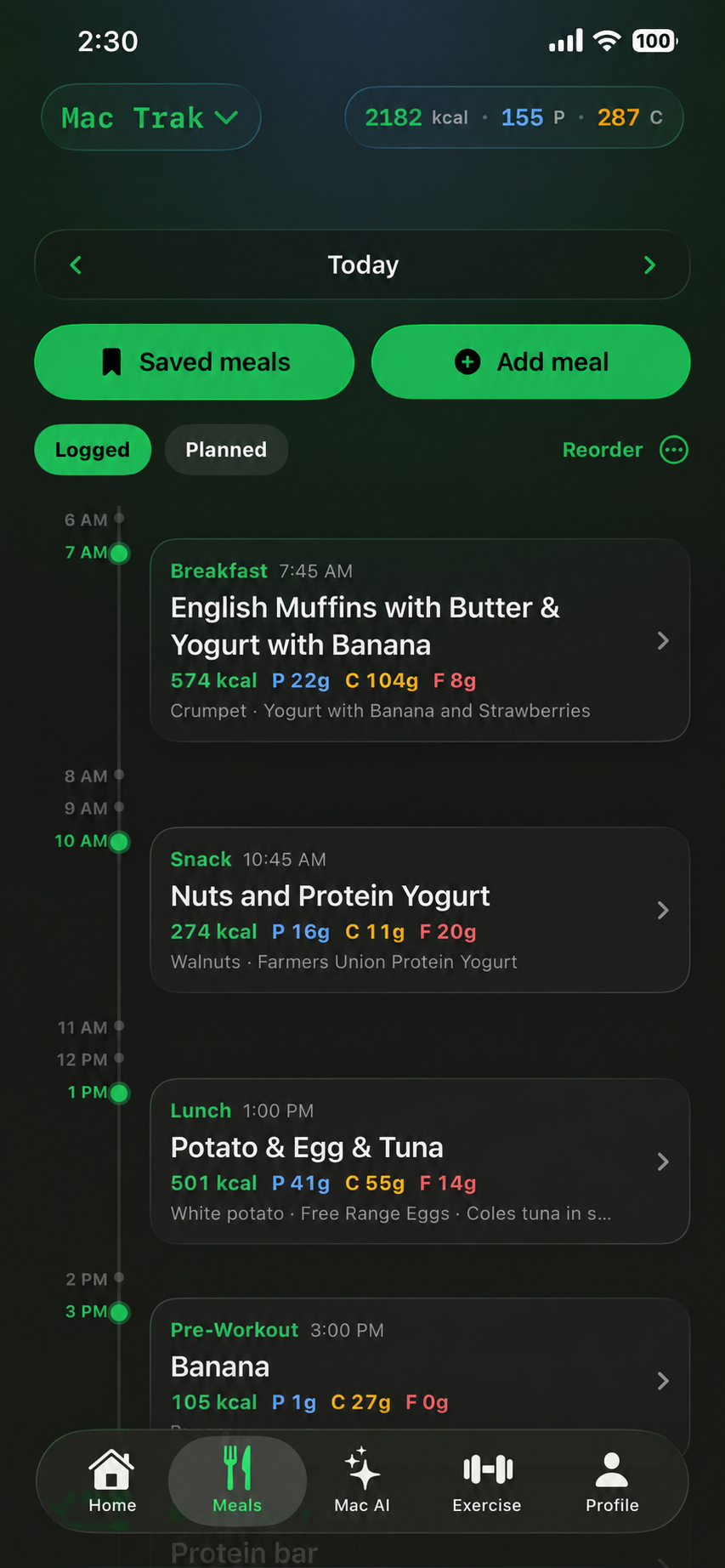 Mac Trak meals screen
